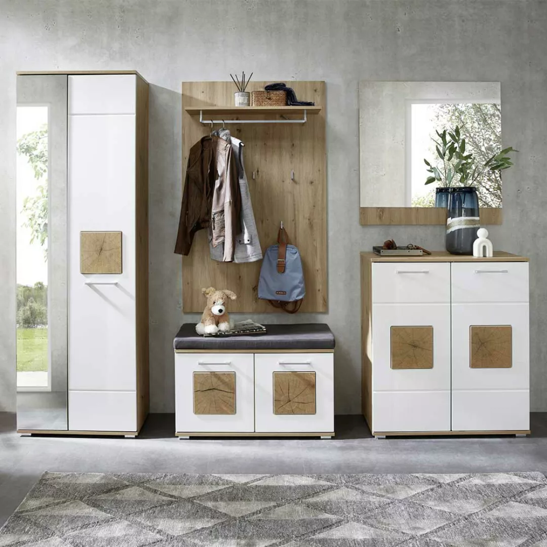 Garderobenkombination modern in Wildeichefarben Weiß (fünfteilig) günstig online kaufen