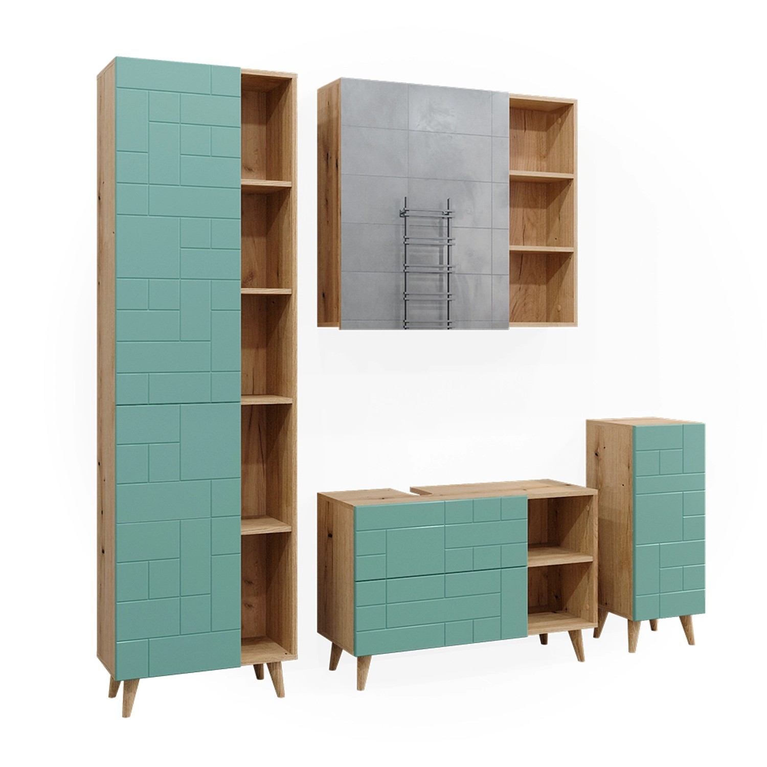 Vicco Badmöbel-Set Rudi Mintgrün/Eiche 4 Teile mit Hochschrank günstig online kaufen