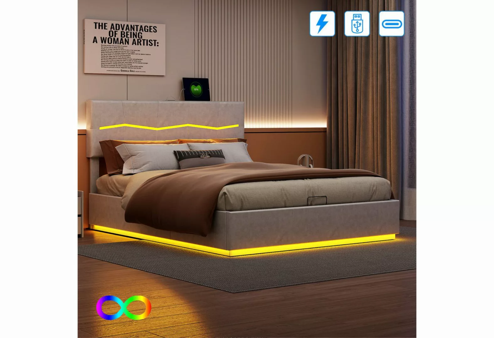 Romance Polsterbett Doppelbett mit Stauraum, LED und USB-Anschlüssen( Ohne günstig online kaufen