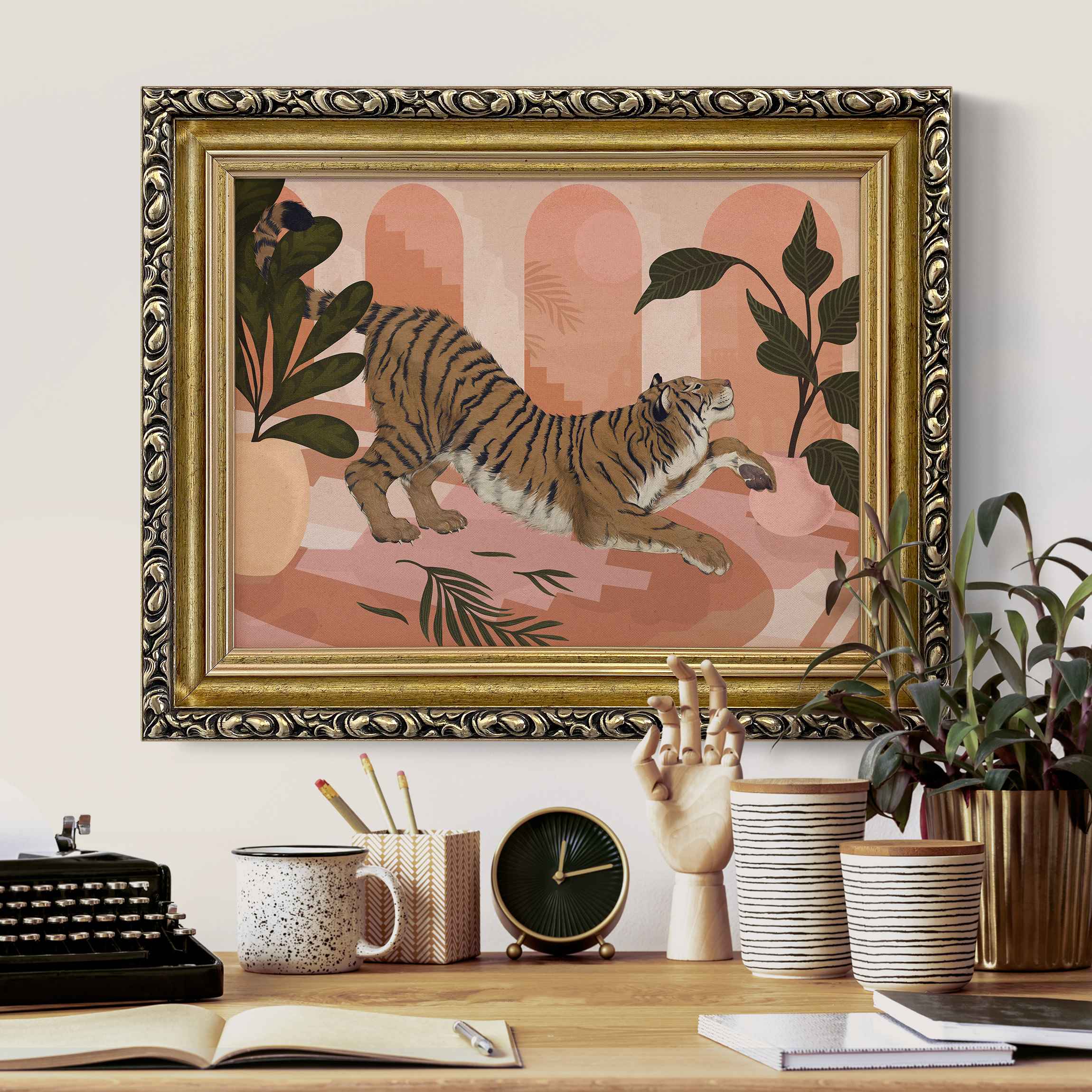 Gerahmtes Leinwandbild Illustration Tiger in Pastell Rosa Malerei günstig online kaufen