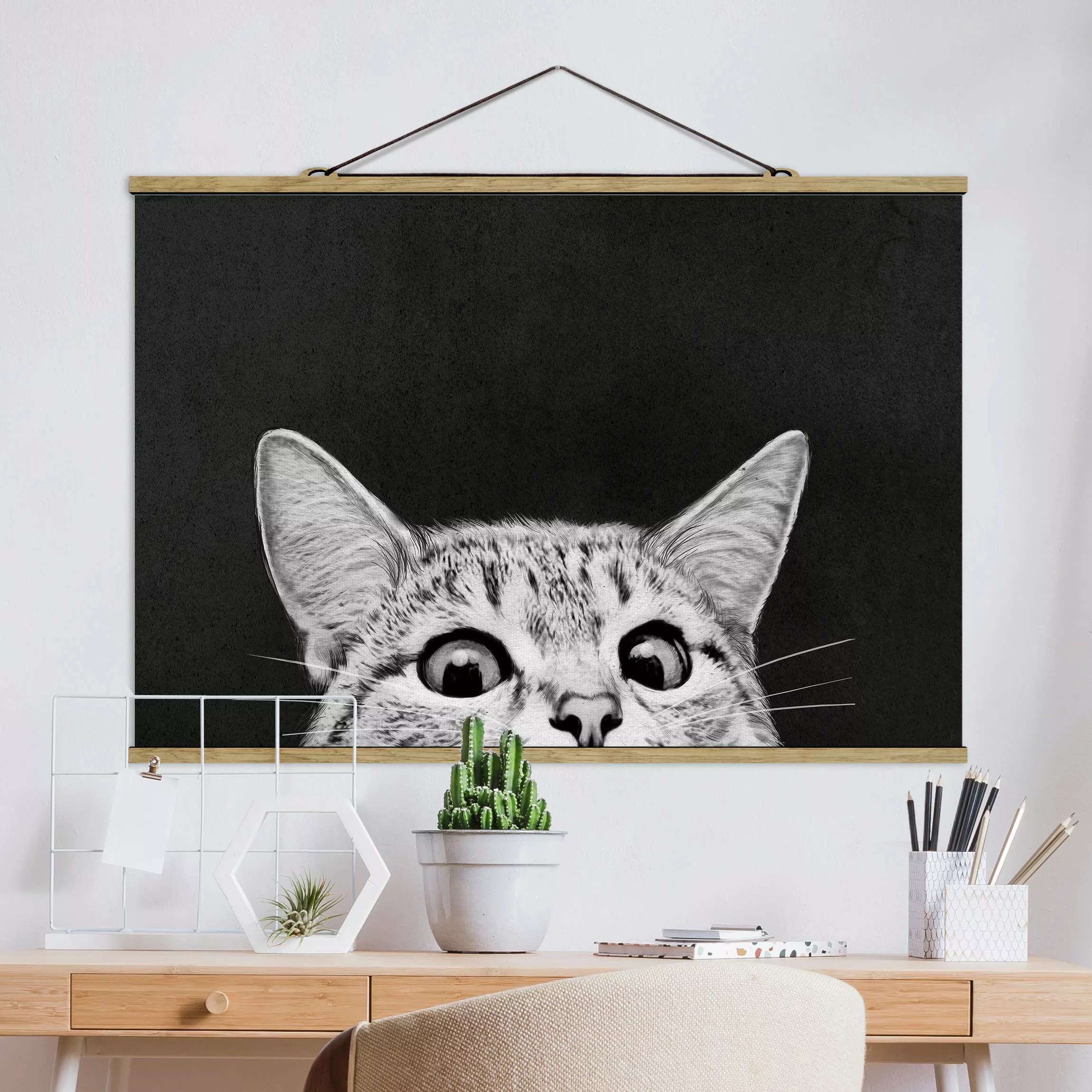 Stoffbild Tiere mit Posterleisten - Querformat Illustration Katze Schwarz W günstig online kaufen