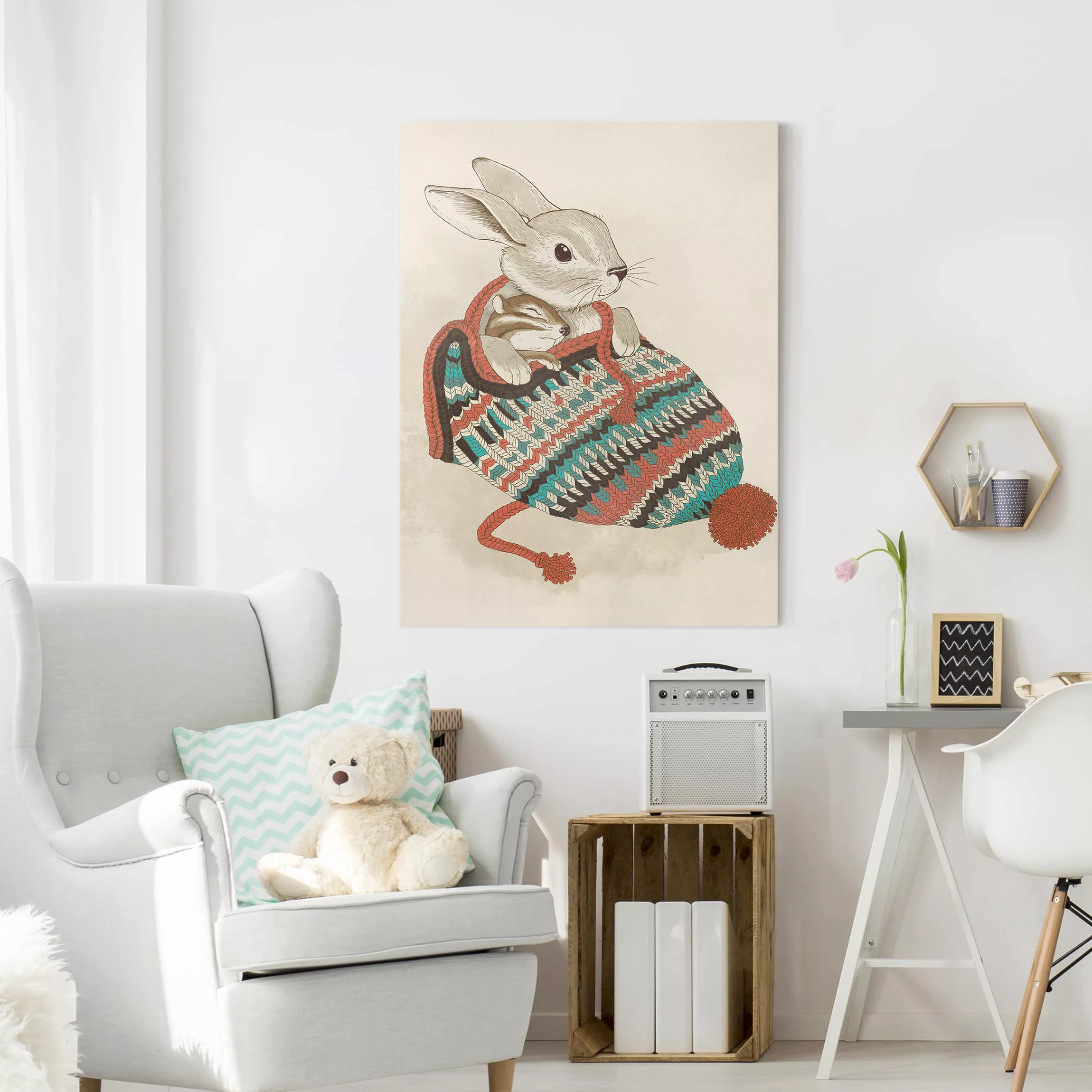Leinwandbild Tiere - Hochformat Illustration Kuschelnder Hase in Mütze günstig online kaufen