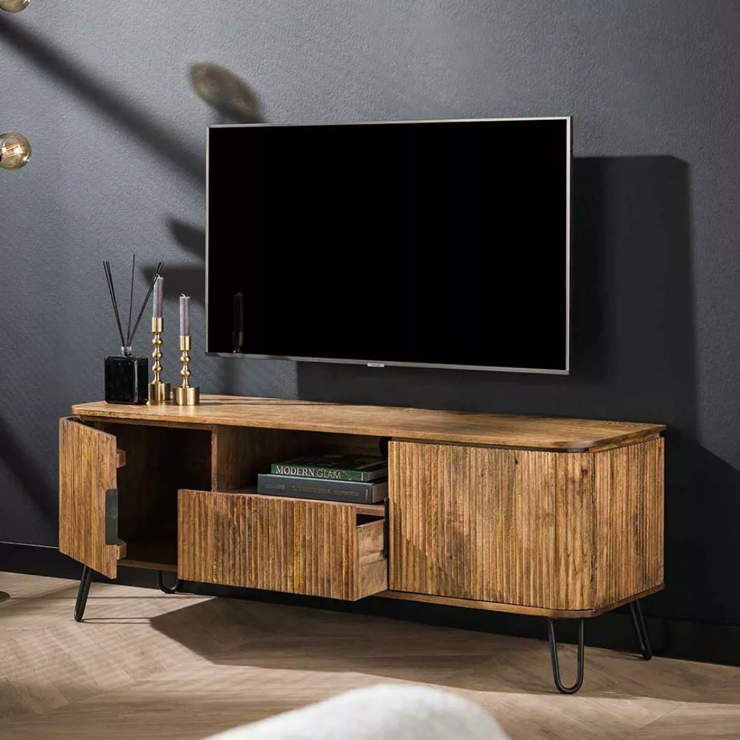 Modernes TV Lowboard aus Mangobaum Massivholz lackiert Metallgestell günstig online kaufen