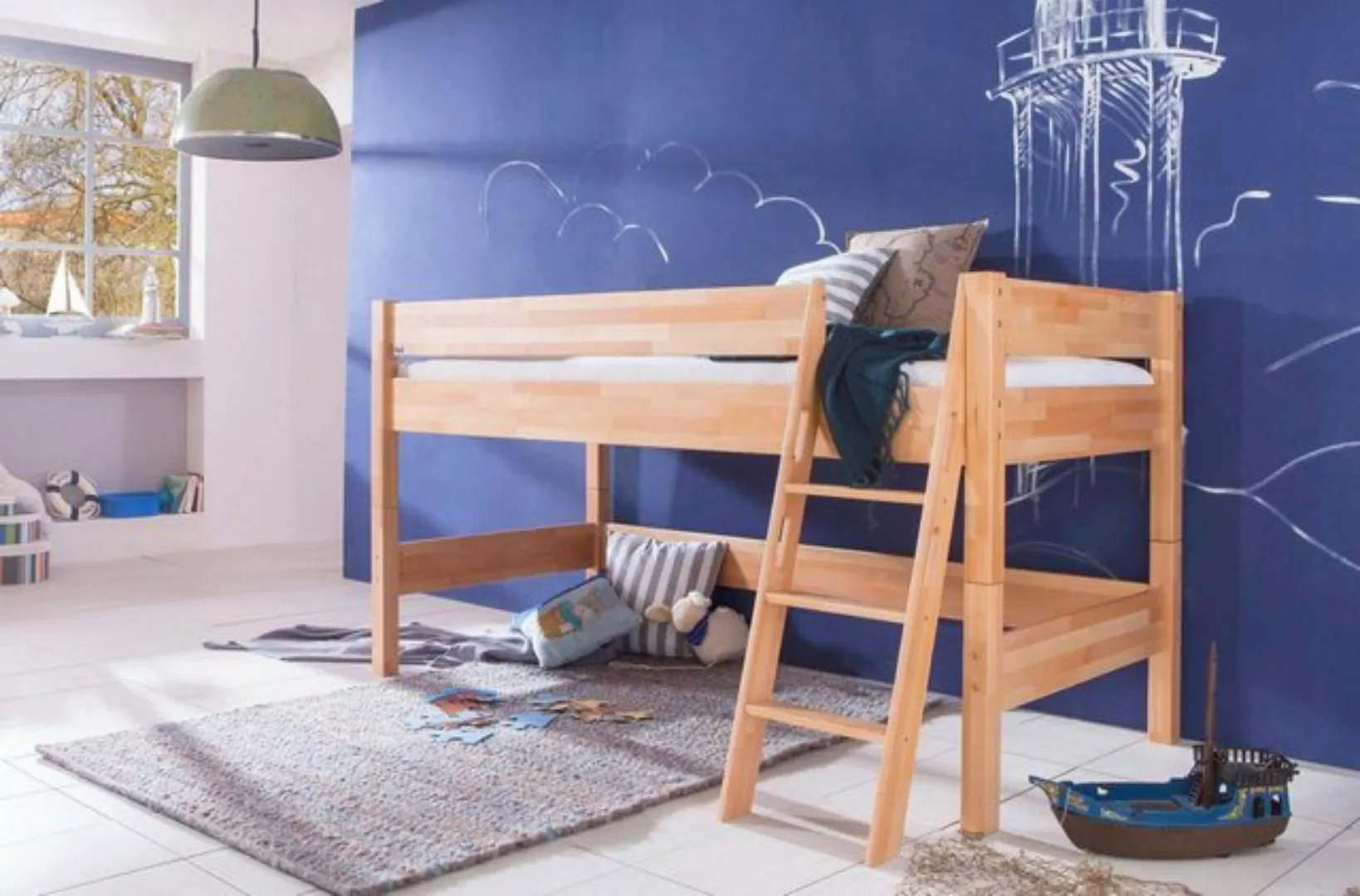 Natur24 Kinderbett Halbhohes Einzelbett Kim Buche geölt 90x200cm Einzelbett günstig online kaufen