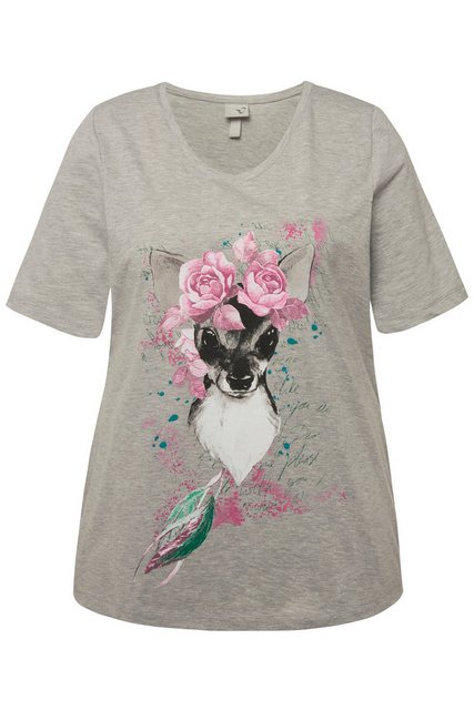 Ulla Popken Rundhalsshirt T-Shirt Blumen-Rehkitz Classic V-Ausschnitt günstig online kaufen