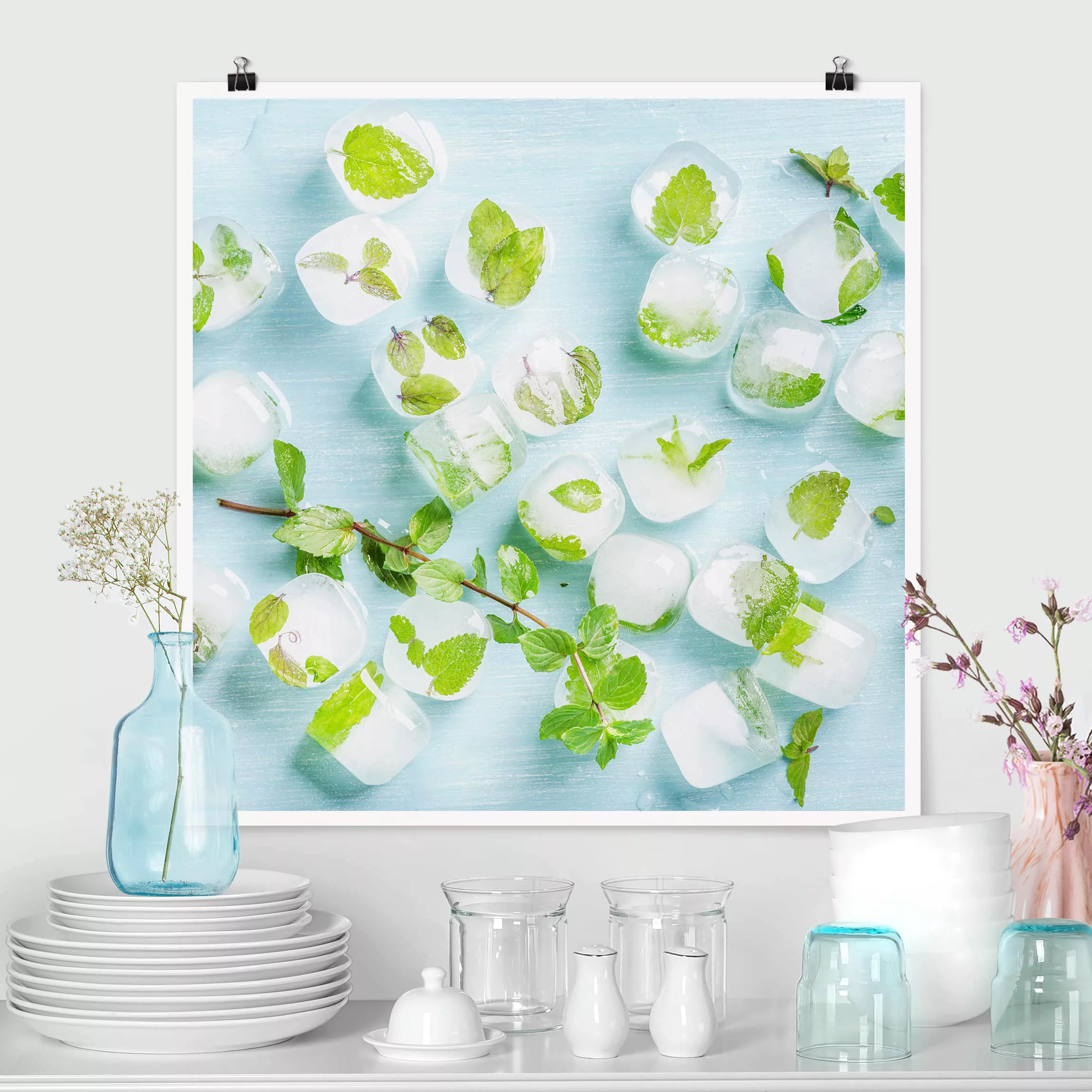 Poster Küche - Quadrat Eiswürfel mit Minzblättern günstig online kaufen