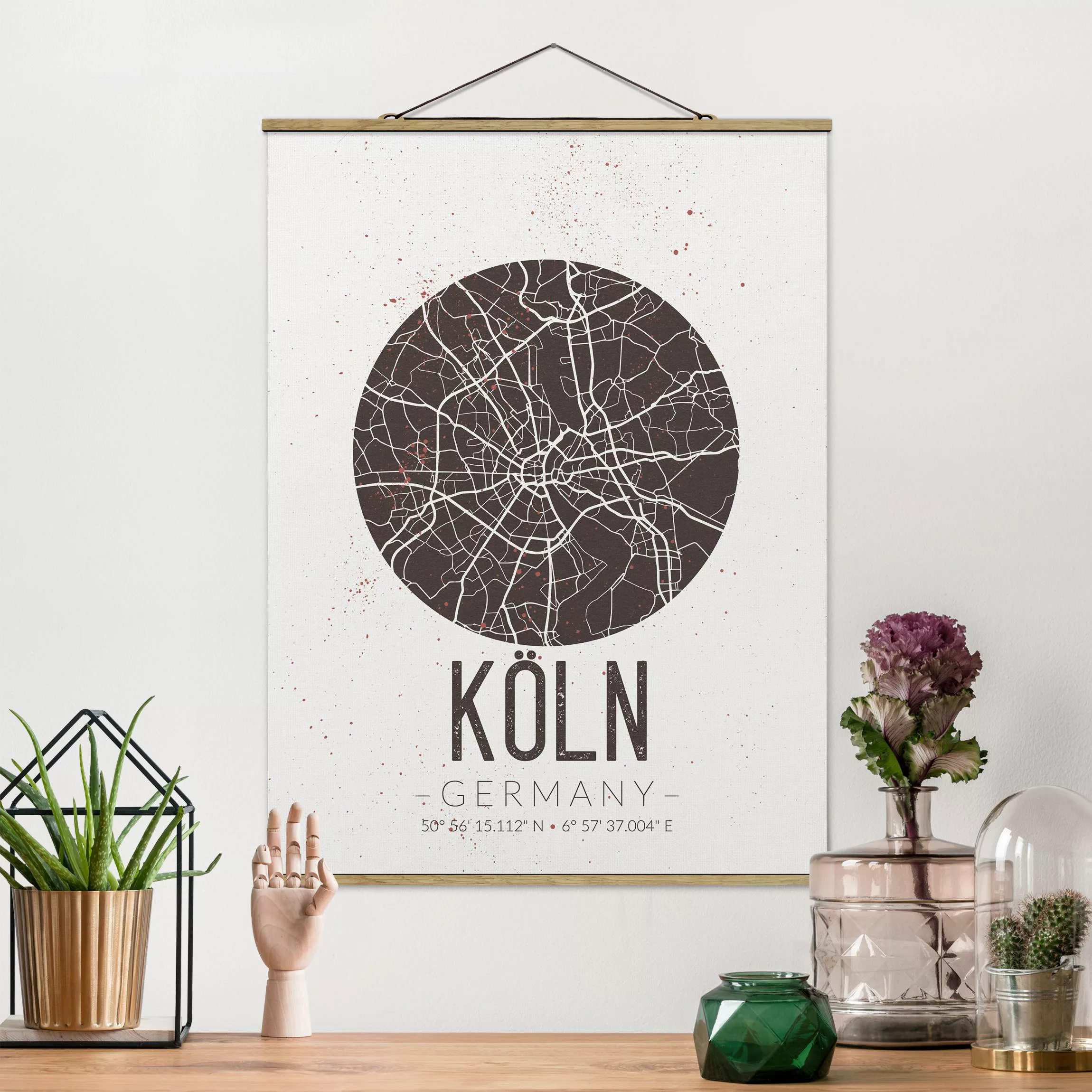Stoffbild Karten mit Posterleisten - Hochformat Stadtplan Köln - Retro günstig online kaufen