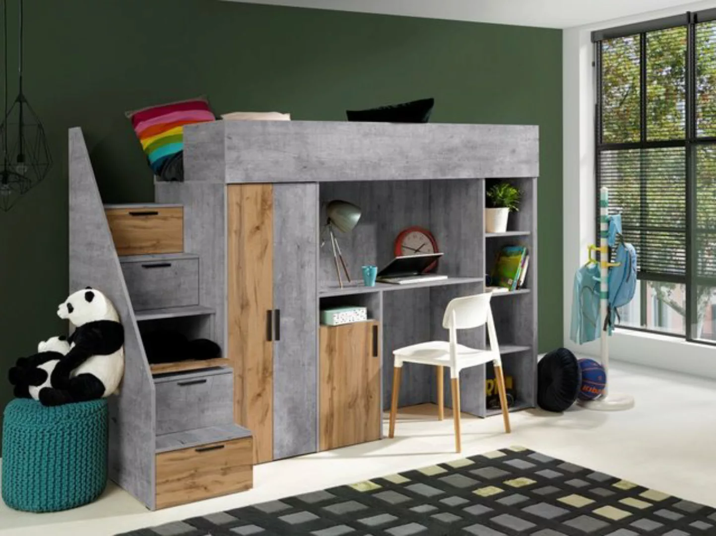 Unique Home Hochbett Kinderbett KON14, mit Schreibtisch, Kleiderschrank und günstig online kaufen
