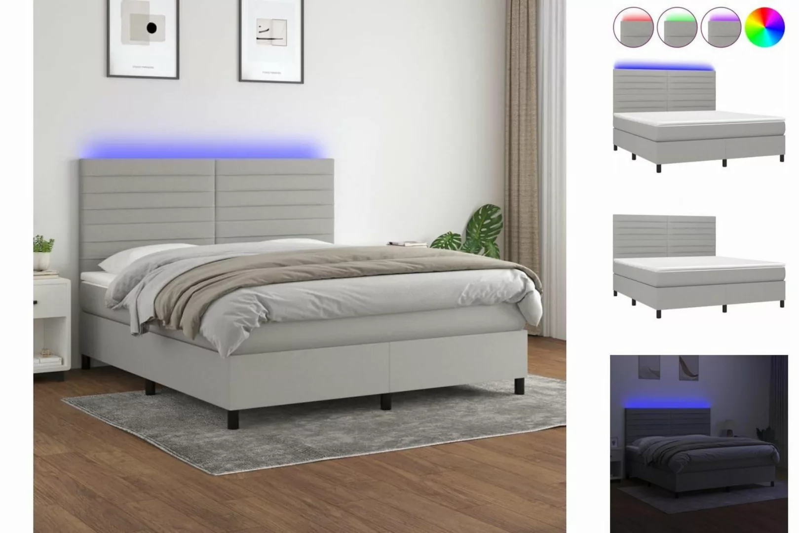 vidaXL Bettgestell Boxspringbett mit Matratze LED Hellgrau 180x200 cm Stoff günstig online kaufen