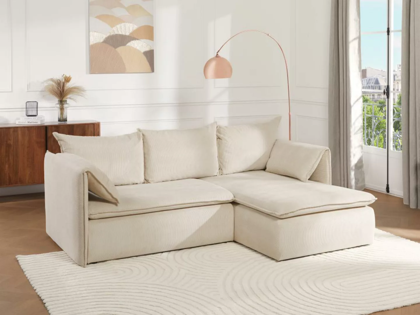 Ecksofa mit Schlaffunktion - Ecke Rechts - Cord - Beige - TEODORA günstig online kaufen