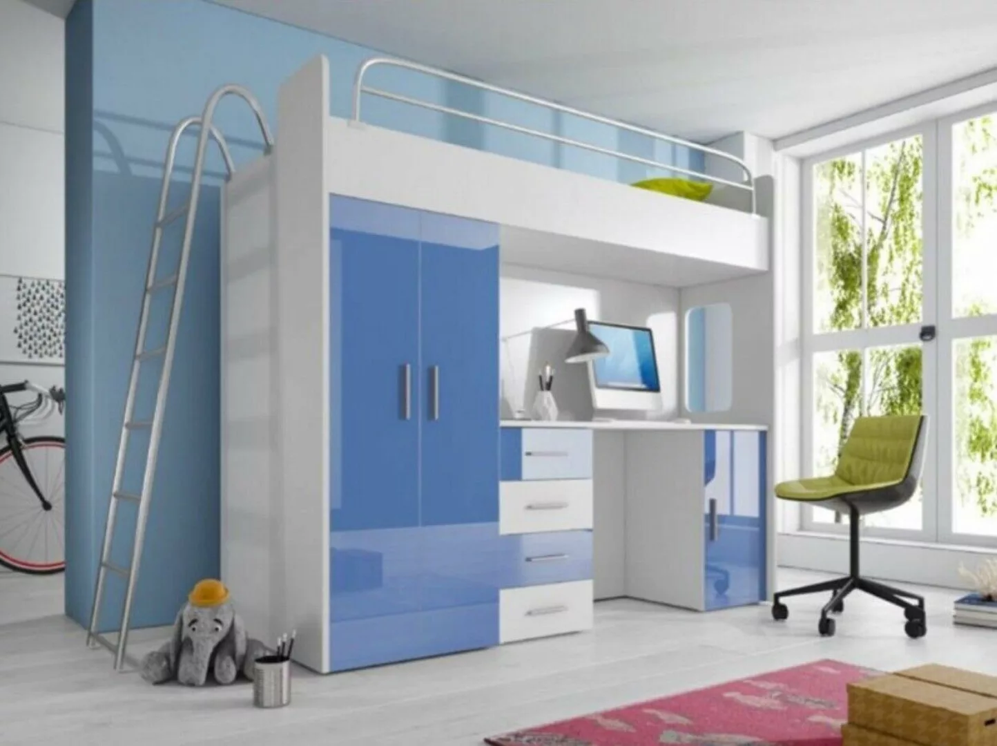JVmoebel Hochbett Blaues Hochbett Etagenbett Kinderzimmer mit Schrank Schre günstig online kaufen