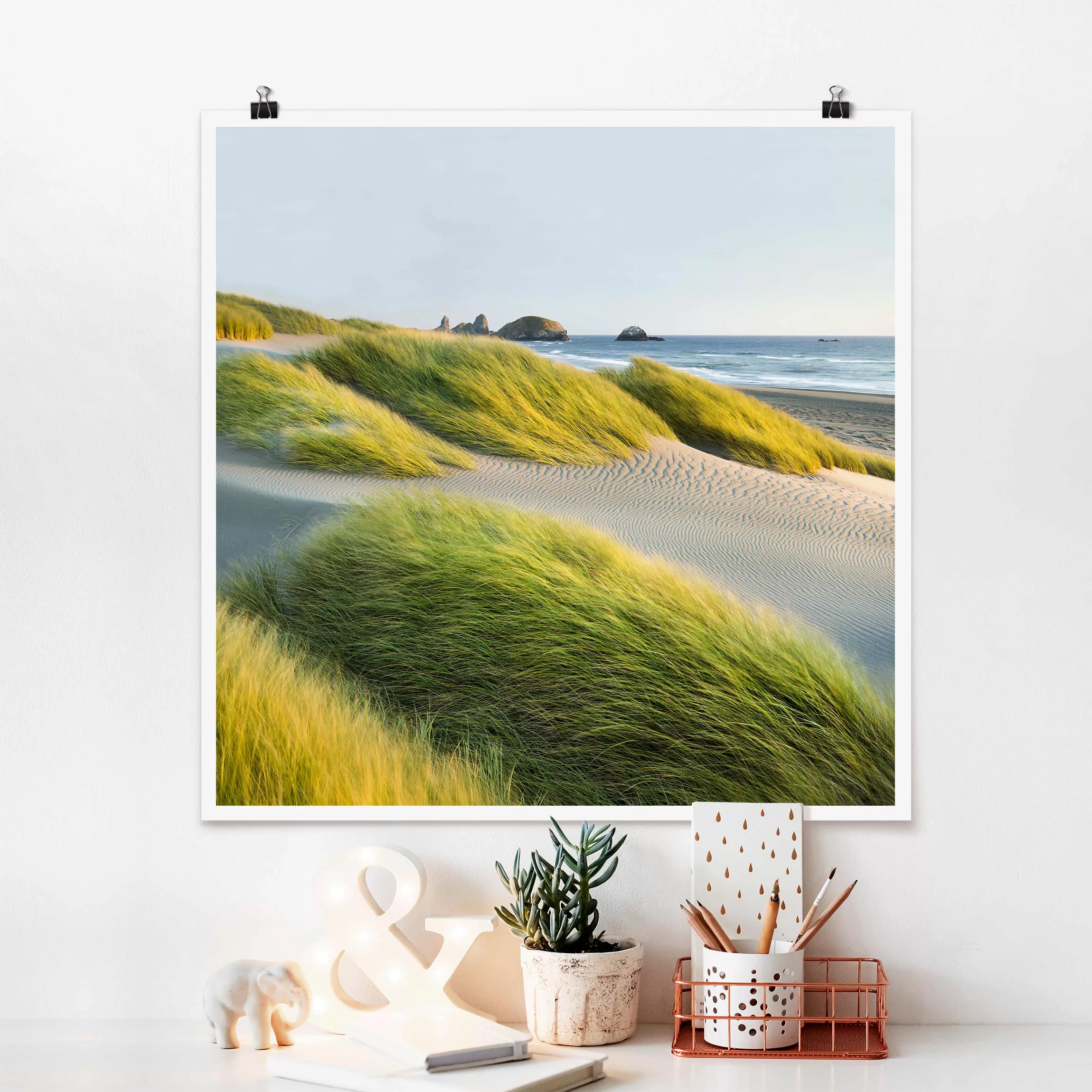 Poster Strand - Quadrat Dünen und Gräser am Meer günstig online kaufen