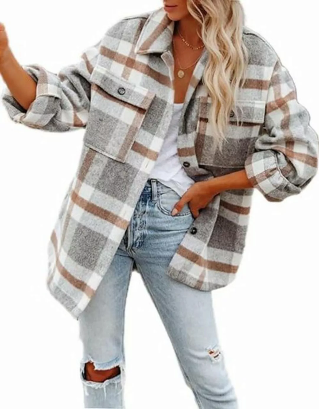 KIKI Wintermantel Damen Kariertes Holzfällerhemd Shacket Mantel Jacke Herbs günstig online kaufen