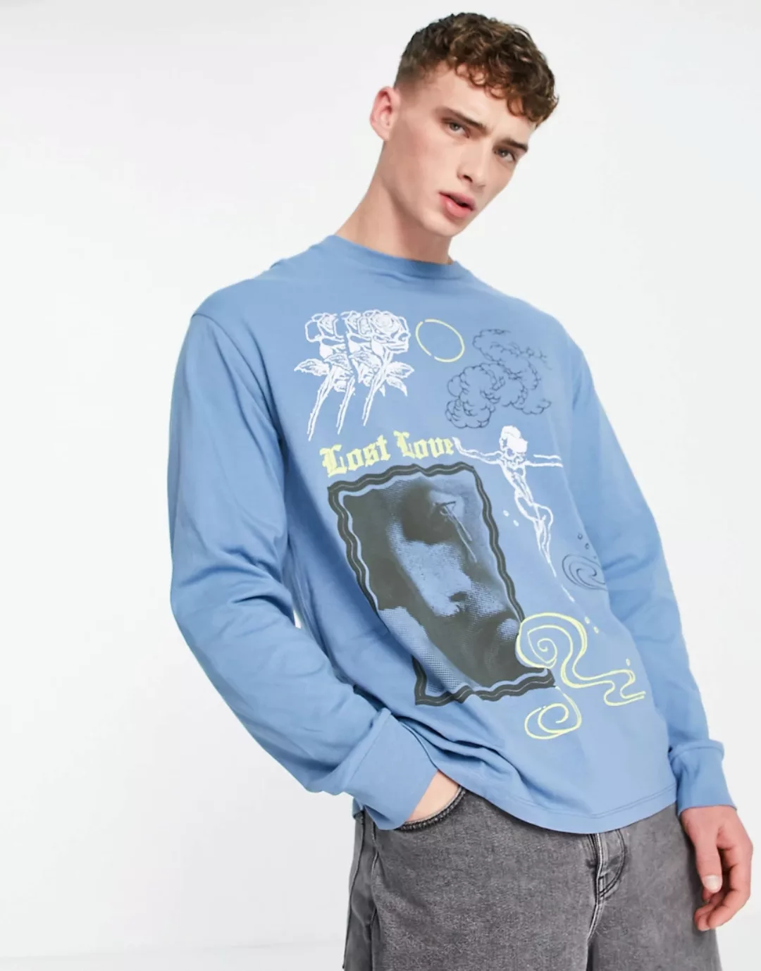 Topman – Oversize-T-Shirt in Blau mit „Lost Love“-Print günstig online kaufen