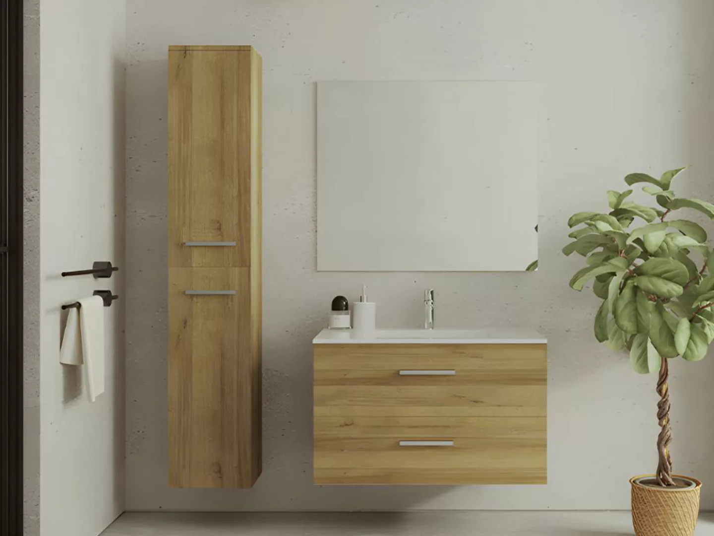 Waschbeckenunterschrank hängend mit Einzelwaschbecken & vertikalem Schrank günstig online kaufen