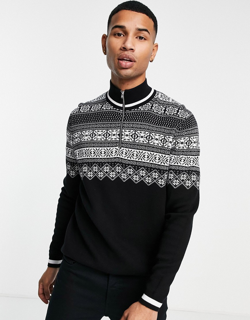 ASOS DESIGN – Weihnachtlicher Strickpullover in Schwarz mit Halbreißverschl günstig online kaufen