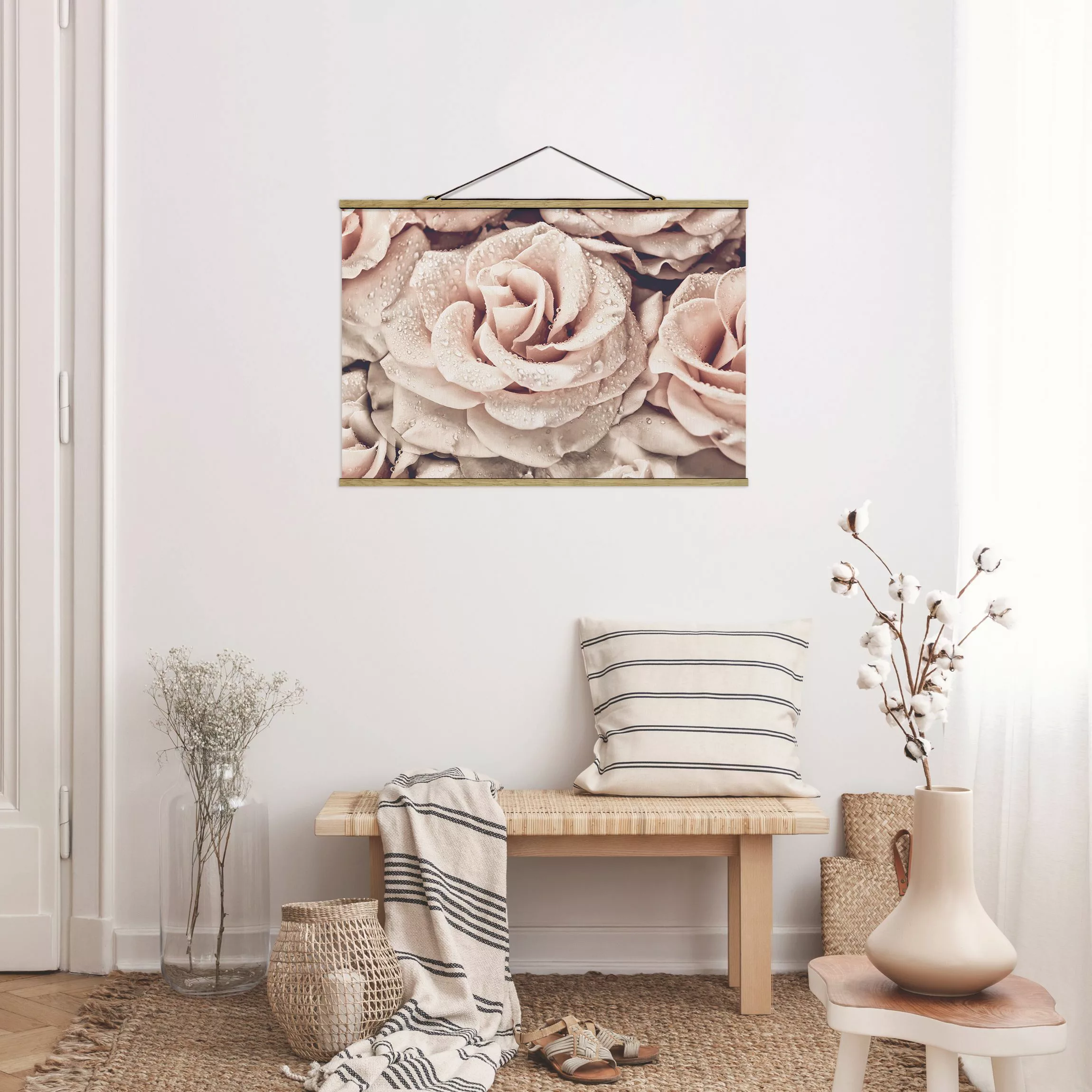 Stoffbild Blumen mit Posterleisten - Querformat Rosen Sepia mit Wassertropf günstig online kaufen