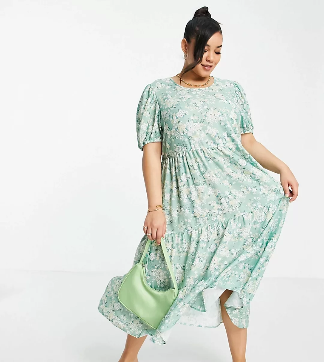 In The Style Plus x Stacey Solomon – Gestuftes, gerüschtes Midi-Hängerkleid günstig online kaufen