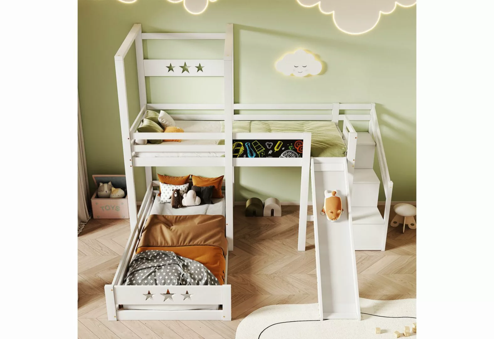 IDEASY Etagenbett Kinder-Etagenbett mit Rutsche, weiß, Treppe mit Stauraum, günstig online kaufen