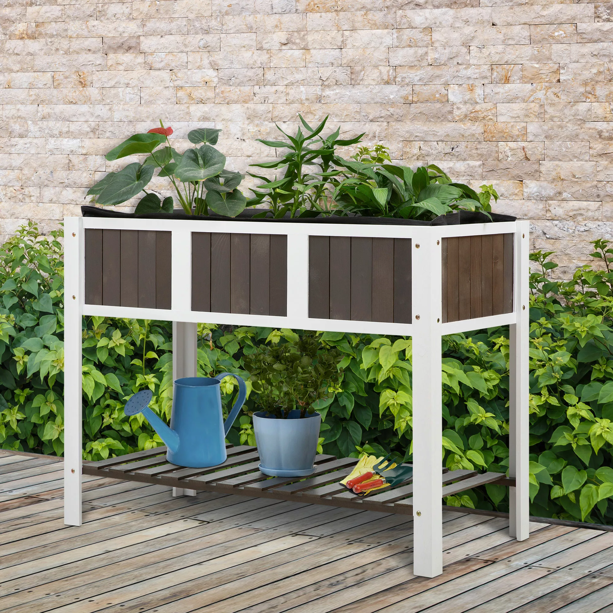 Outsunny Pflanztisch  Gartenarbeitstisch aus Holz mit Regal, ideal für Gemü günstig online kaufen