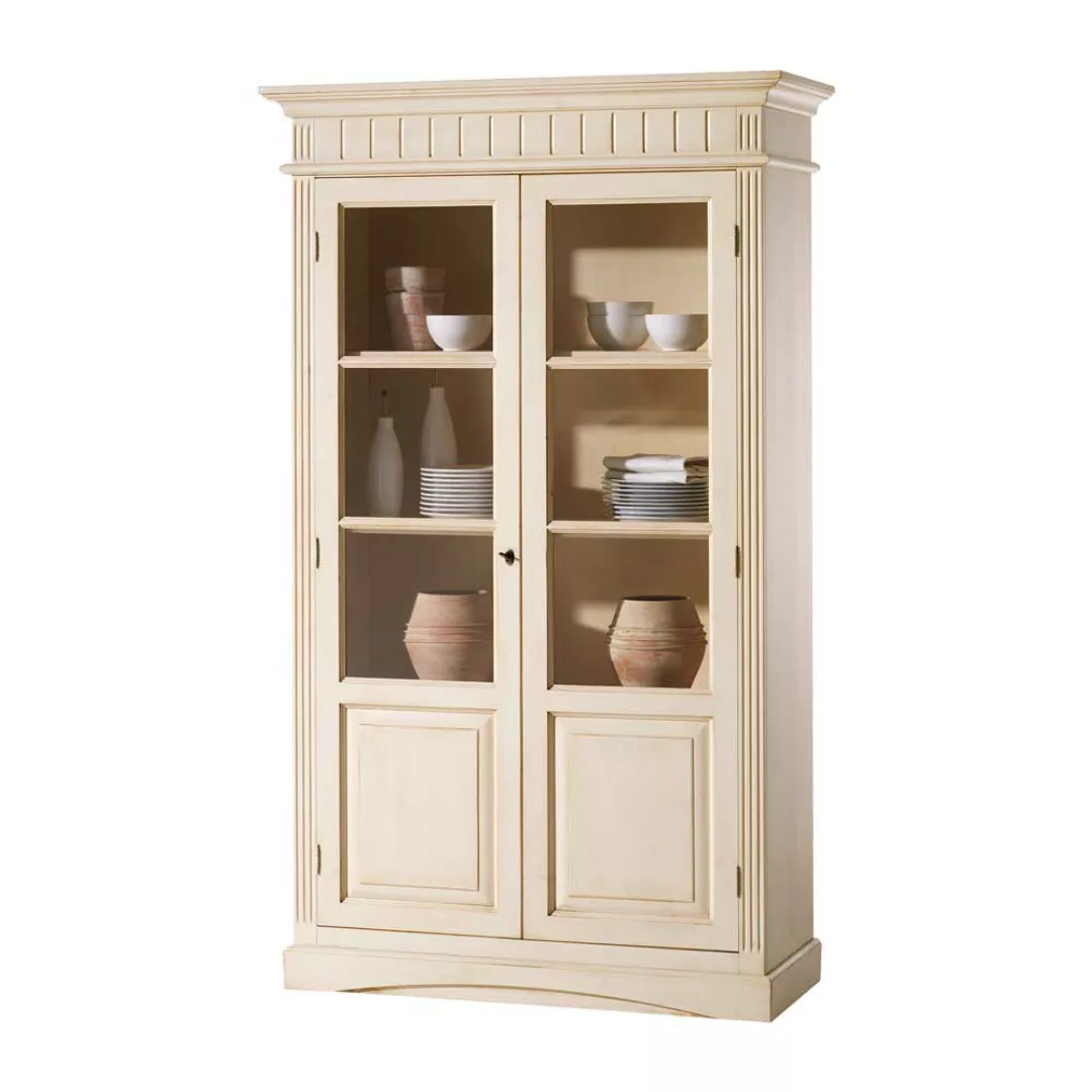 Landhaus Vintage Vitrinenschrank in Creme Fichte Massivholz günstig online kaufen