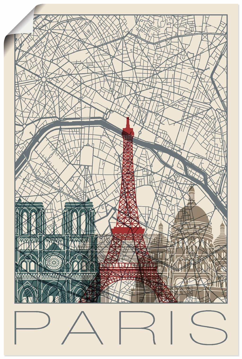 Artland Wandbild "Retro Karte Paris Frankreich und Skyline", Frankreich, (1 günstig online kaufen