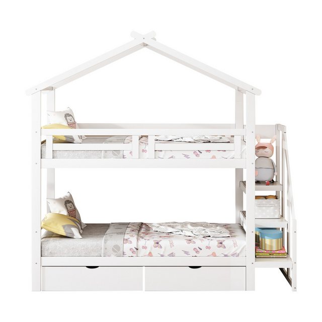 Flieks Etagenbett, Hausbett Kinderbett 90x200cm mit 2 Schubladen und Staura günstig online kaufen