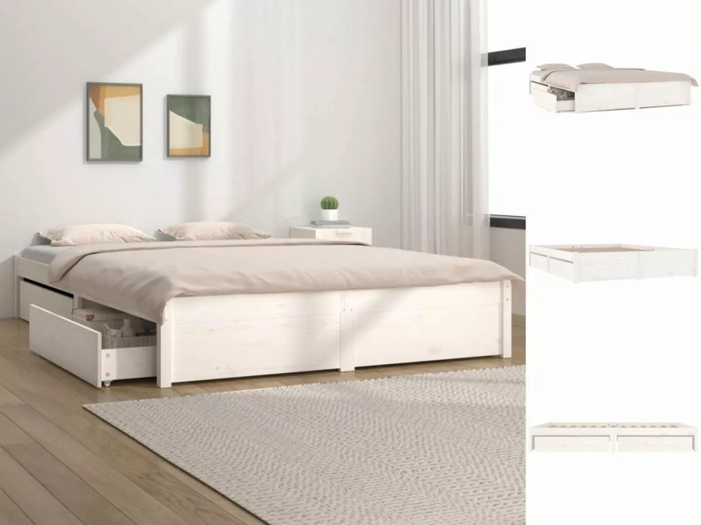 vidaXL Bettgestell Bett mit Schubladen Weiß 135x190 cm 4FT6 Double Bettgest günstig online kaufen