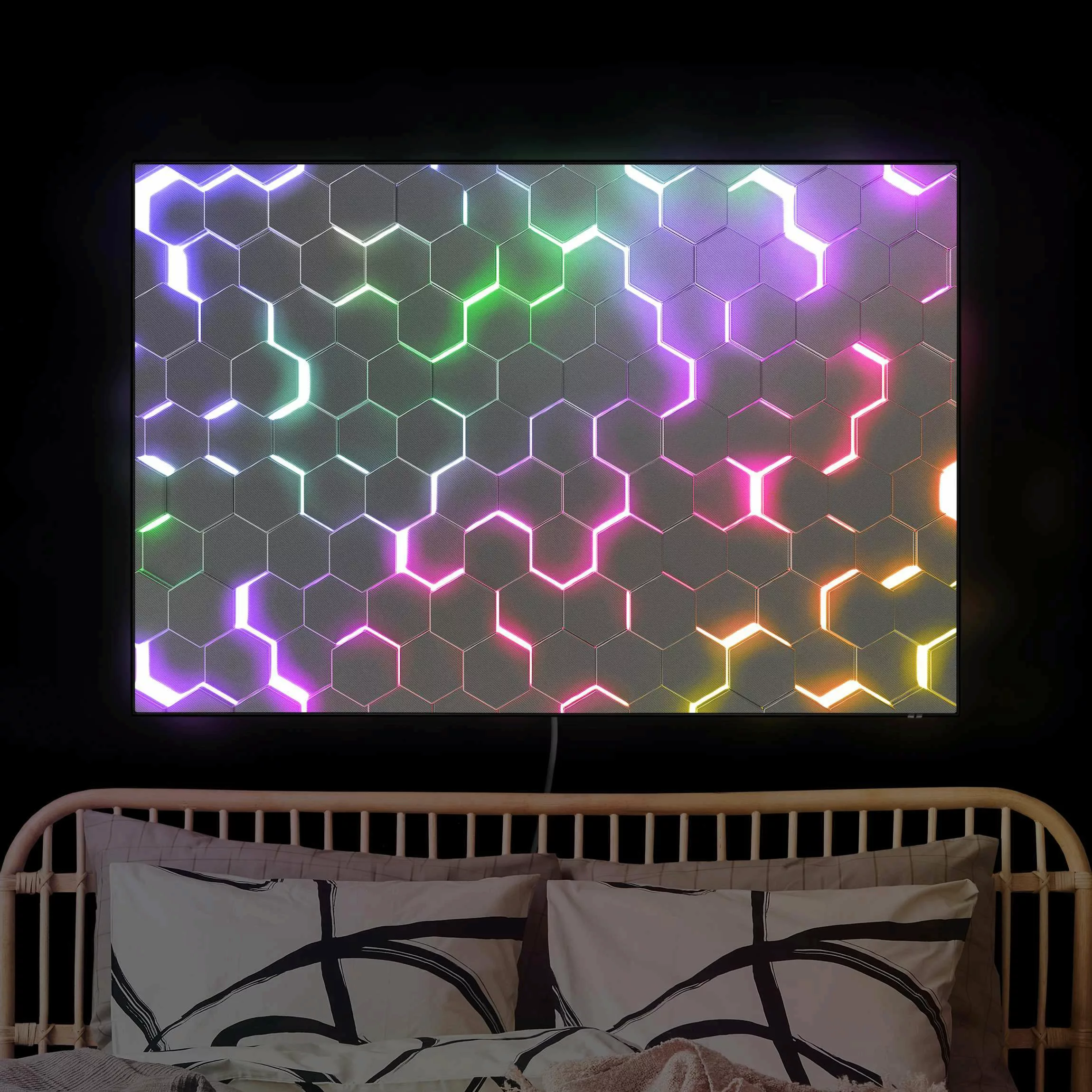 LED-Wechselbild Strukturierte Hexagone mit Neonlicht günstig online kaufen