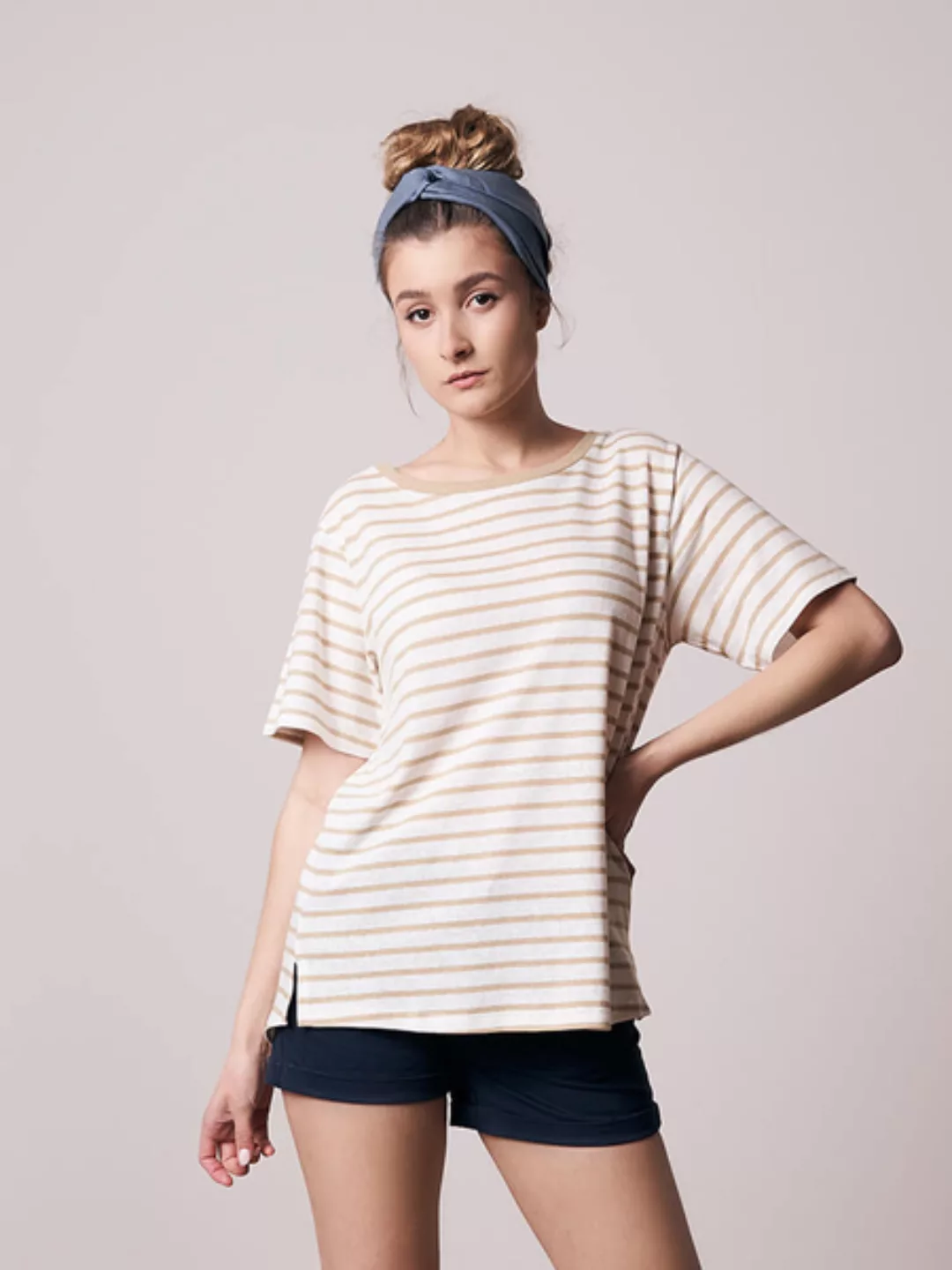 Striped Leinen T-shirt Damen Sand günstig online kaufen