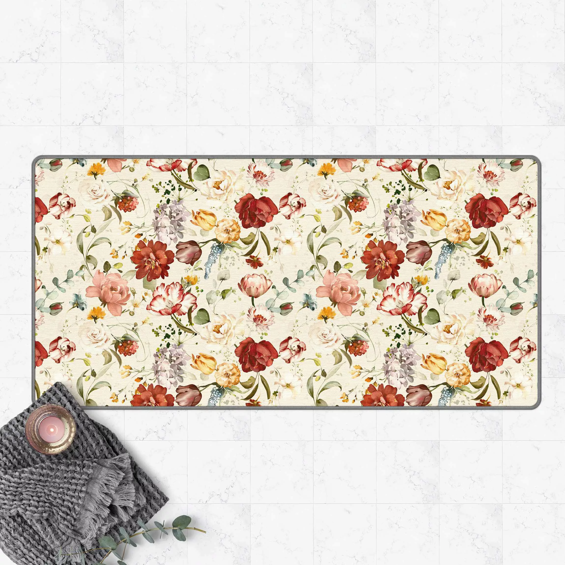 Teppich Blumen Aquarell Vintage Muster auf Beige günstig online kaufen