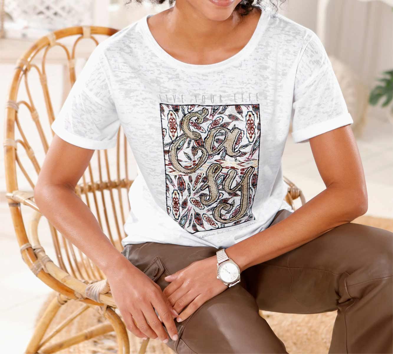 heine T-Shirt LINEA TESINI Damen Designer-Druck-Shirt m. Schmucksteinen, we günstig online kaufen