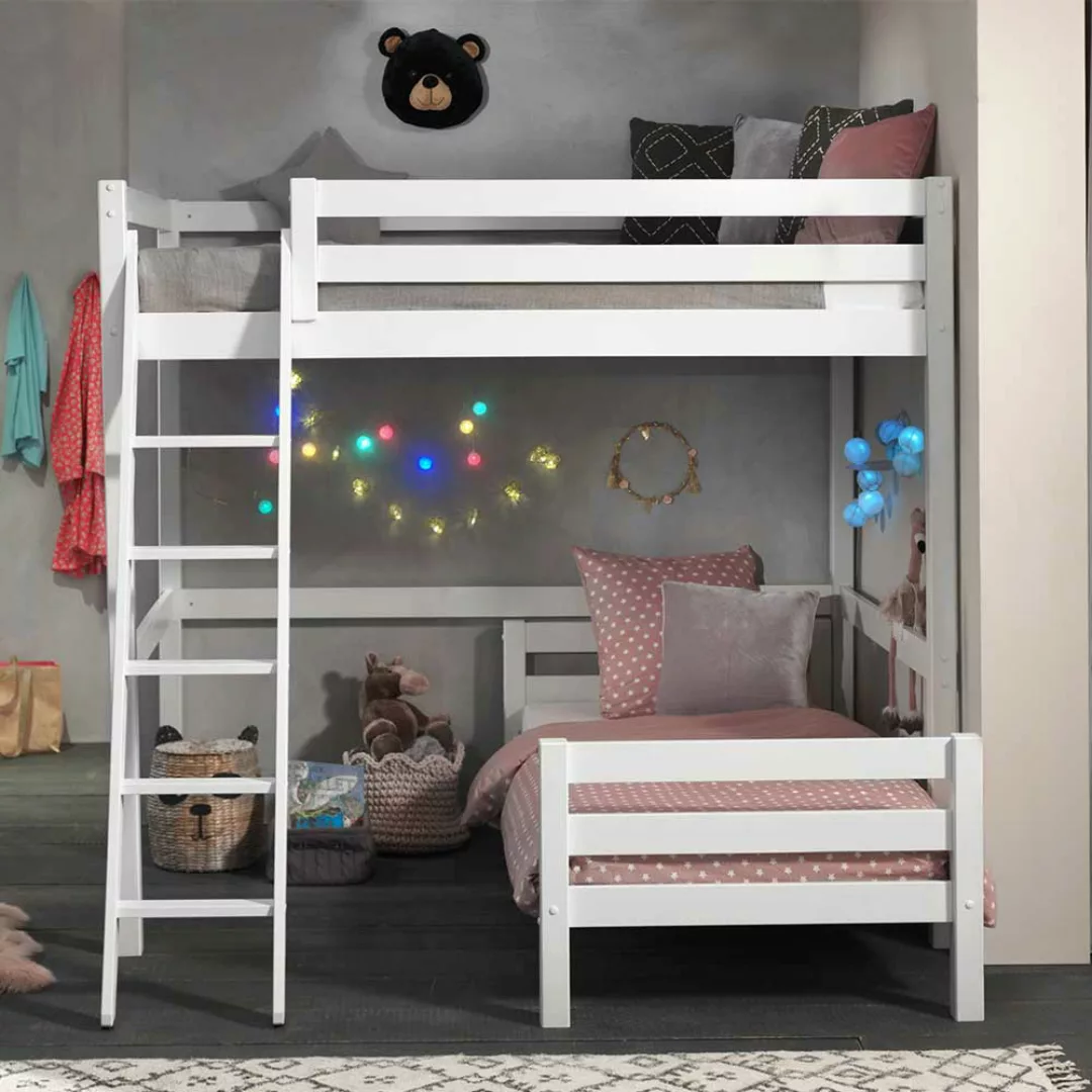 Kinderzimmer Eck Stockbett aus Kiefer Massivholz Weiß Leiter günstig online kaufen