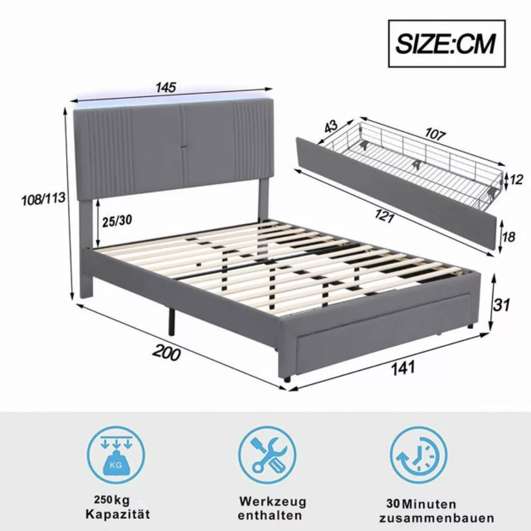 Flieks Polsterbett, LED Doppelbett 140x200cm mit 2 USB-Ladeanschlüsse und g günstig online kaufen