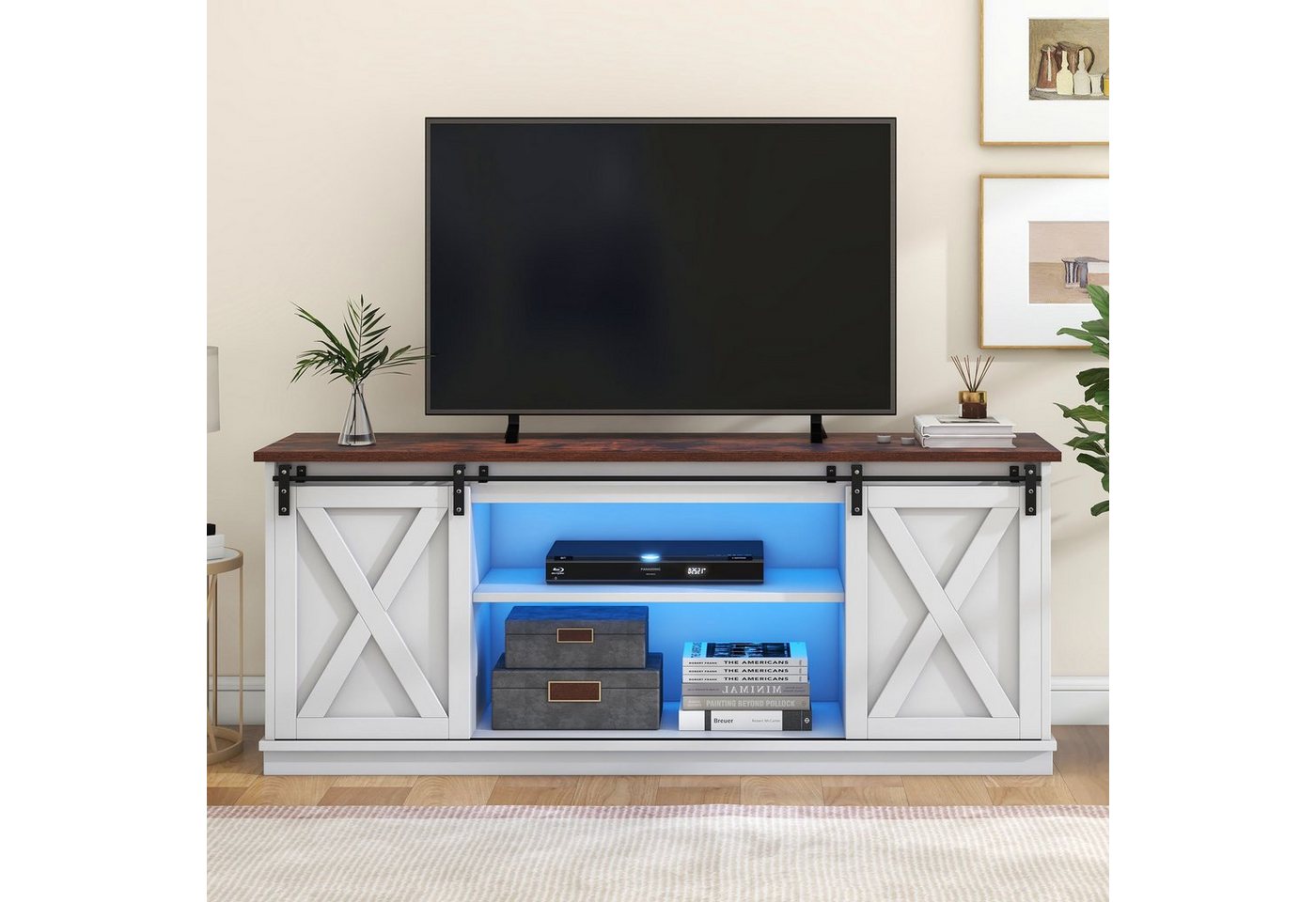 Merax TV-Schrank im Landhausstil mit LED, Lowboard mit Schiebetüren, Breite günstig online kaufen