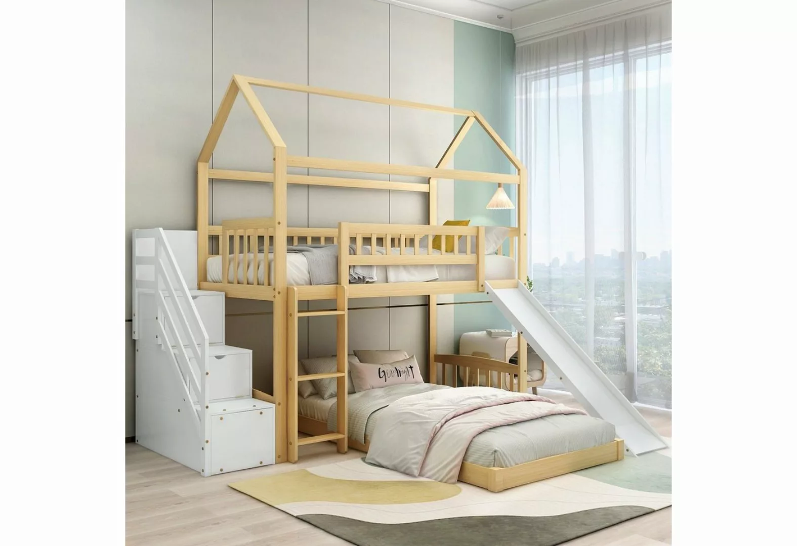 Celya Kinderbett Kinderbett mit Armlehne und Treppe, Stauraum und Rutsche, günstig online kaufen
