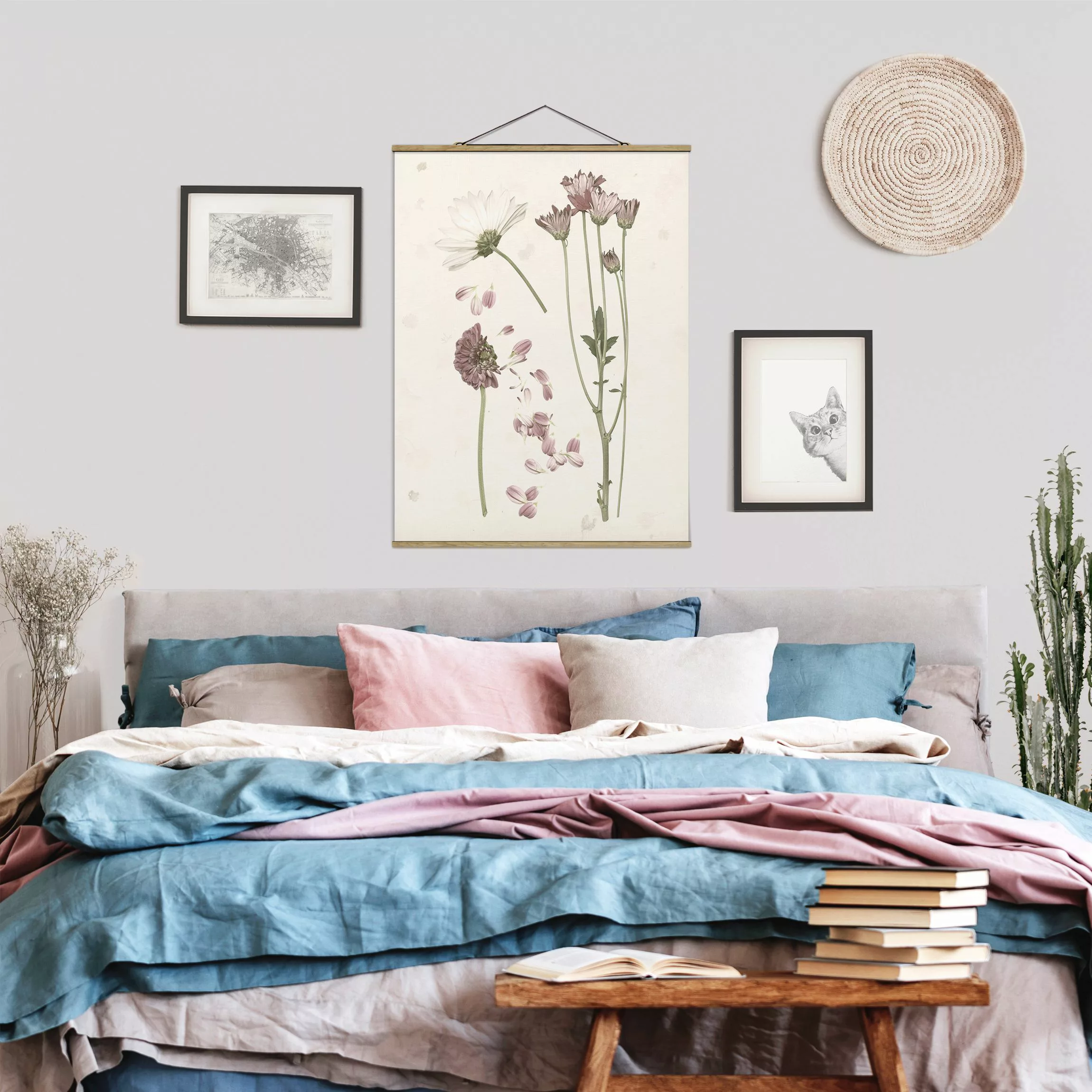 Stoffbild Blumen mit Posterleisten - Hochformat Herbarium in rosa II günstig online kaufen