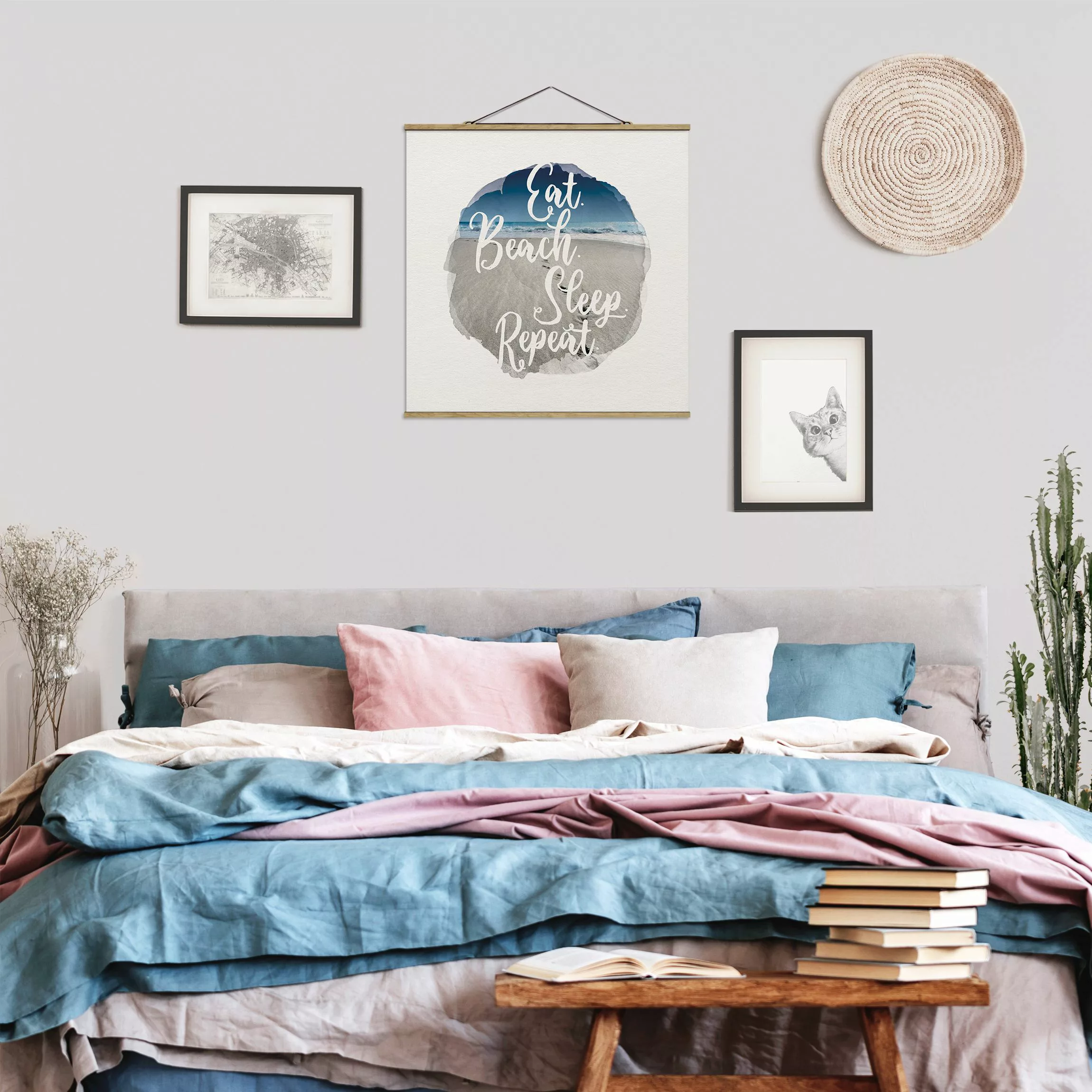 Stoffbild Spruch mit Posterleisten - Quadrat Wasserfarben - Eat.Beach.Sleep günstig online kaufen