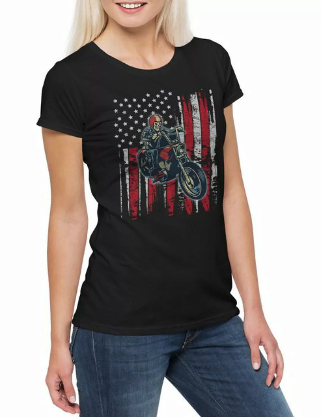 Urban Backwoods Print-Shirt Skeleton Biker Damen T-Shirt Biker Club MC Rock günstig online kaufen