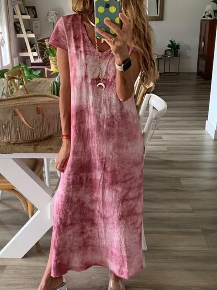 Ombre Printed V-Ausschnitt Kurzarm Midi Split Kleid günstig online kaufen