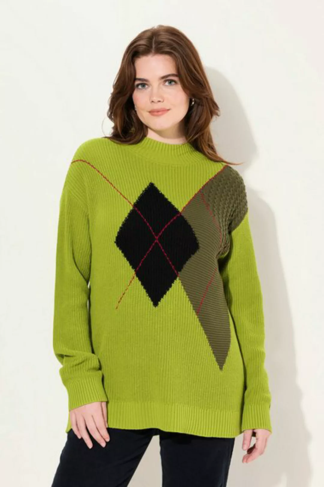 Ulla Popken Strickpullover Pullover Argyle-Muster Stehkragen Langarm günstig online kaufen