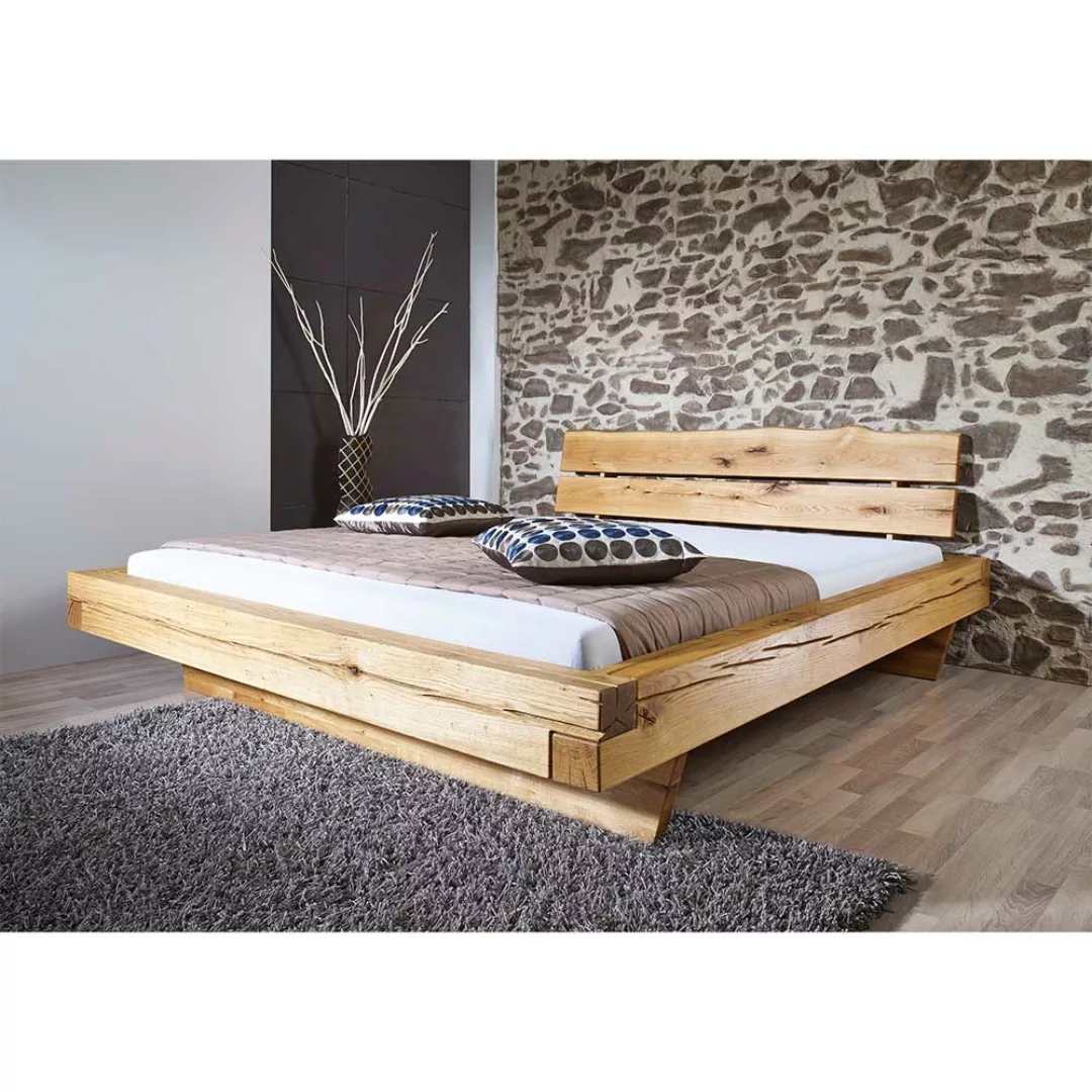 Balkenbett aus Wildeiche Massivholz rustikalen Landhaus Design günstig online kaufen