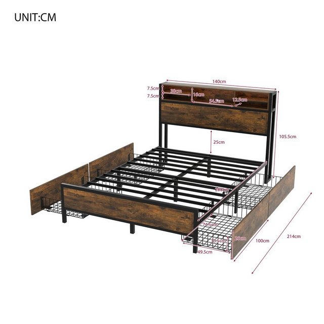 Ulife Metallbett Jugendbett Doppelbett mit Lattenrost und Kopfteil, LED-Bet günstig online kaufen