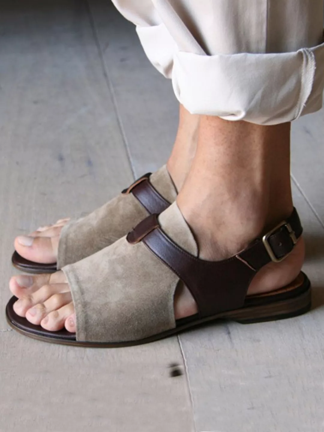 Plus Size Damen Retro Open Toe Hohlschnallenriemen Flat Sandalen günstig online kaufen