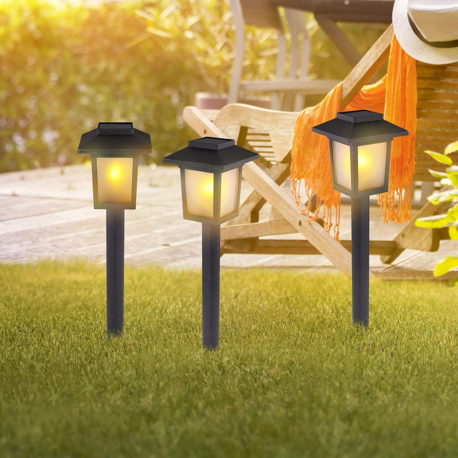 Globo LED-Solarspieß Fackel 8 cm x 8 cm x 37 cm Schwarz 3er-Set günstig online kaufen