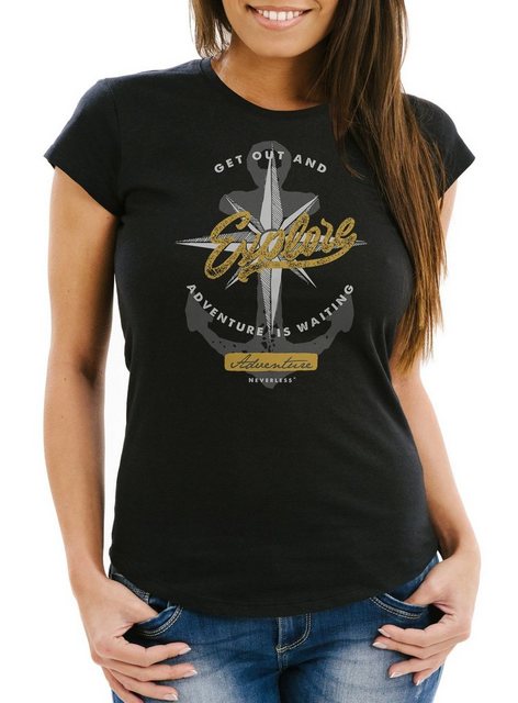 Neverless Print-Shirt Damen T-Shirt Anker Windrose Go out and explore Adven günstig online kaufen
