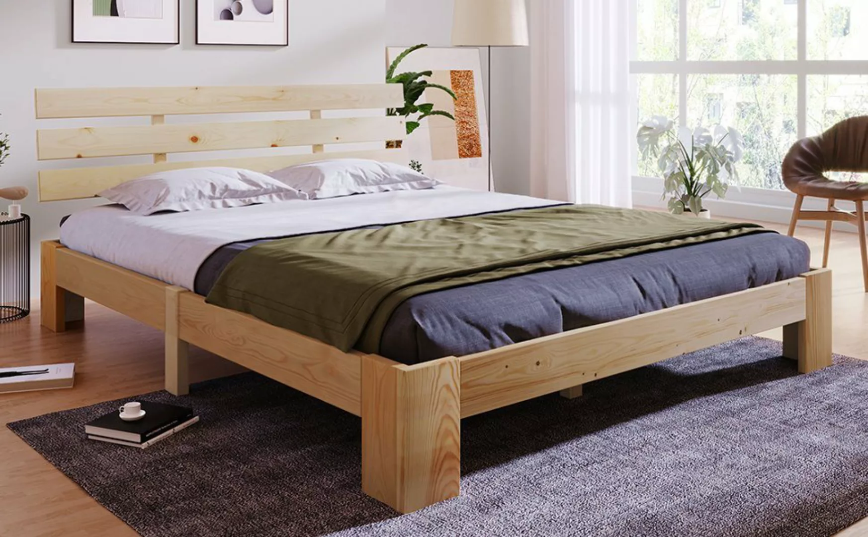 Ulife Massivholzbett Natur Doppelbett Holzbett Bettgestell mit Kopfteil, Be günstig online kaufen