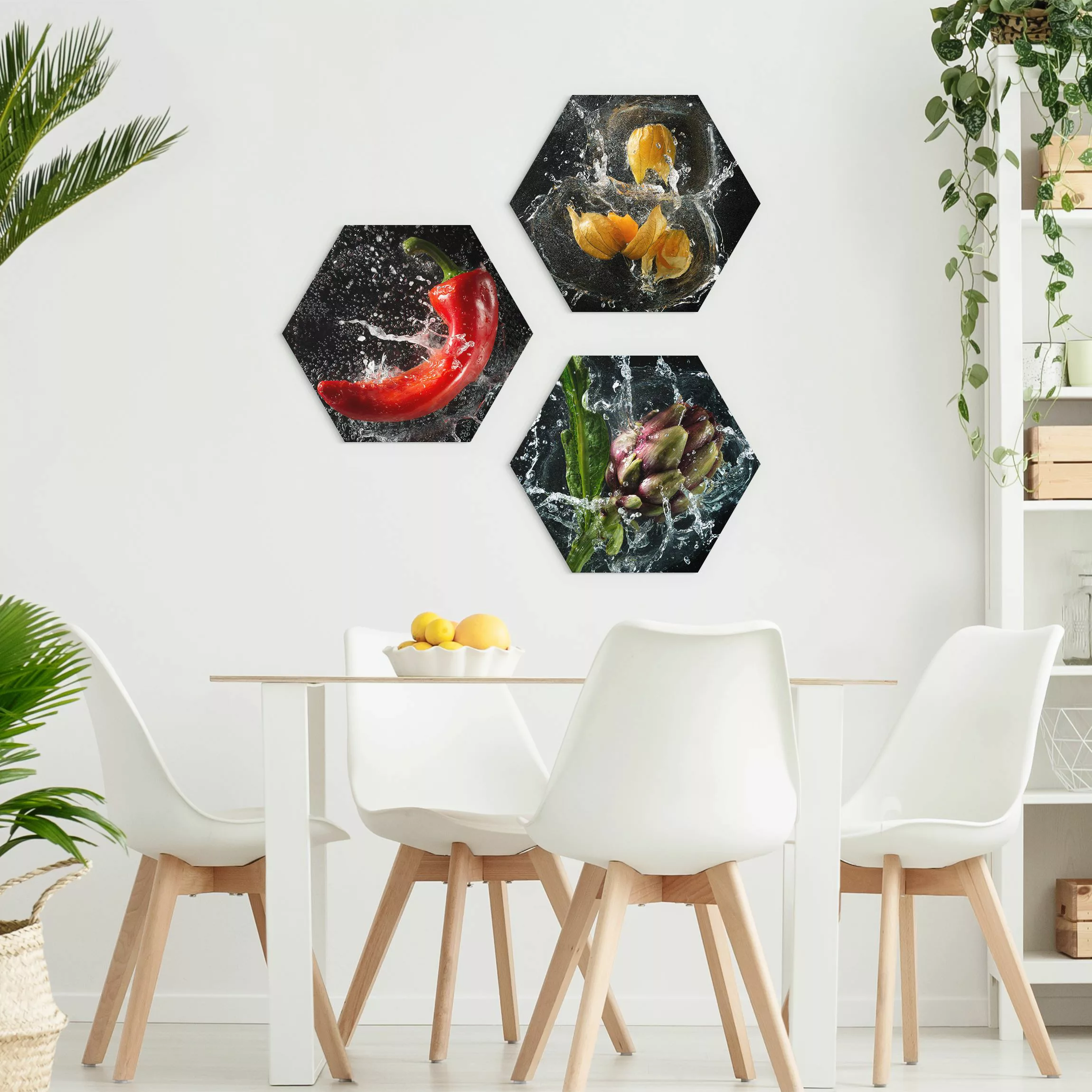 3-teiliges Hexagon-Alu-Dibond Bild Paprika Artischocke Physalis Splash günstig online kaufen