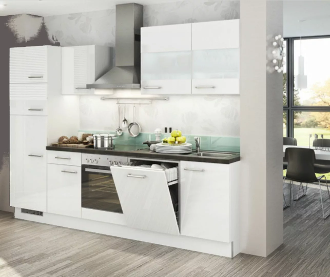 Einbauküche MANKAECO 2 Weiß Hochglanz - Schränke montiert/ Küchenzeile 300 günstig online kaufen