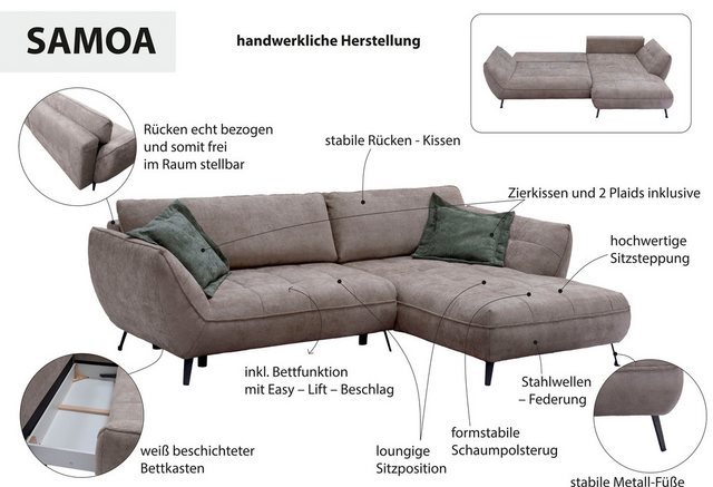 exxpo - sofa fashion Ecksofa Samoa, bequem und modern, mit Easy-Lift-Bettfu günstig online kaufen